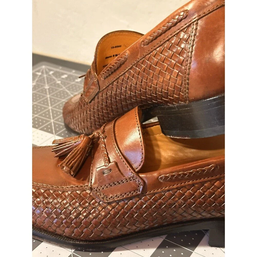 8 M Woven Leather Tassel Loafers J&M Johnston Murphy Dress Shoes Cognac Brown